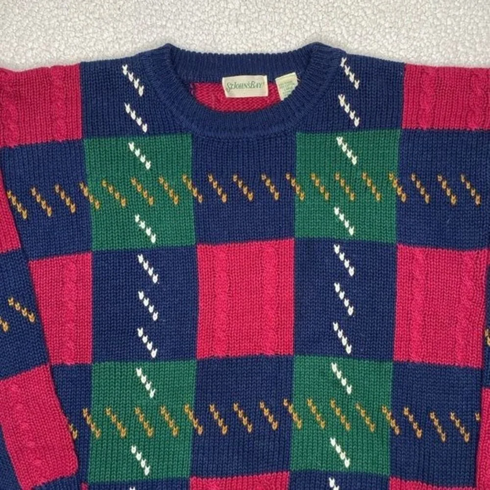 Vintage St. John’s Bay Colorblock Patchwork Knit Grandpa Swearer: Size Large
